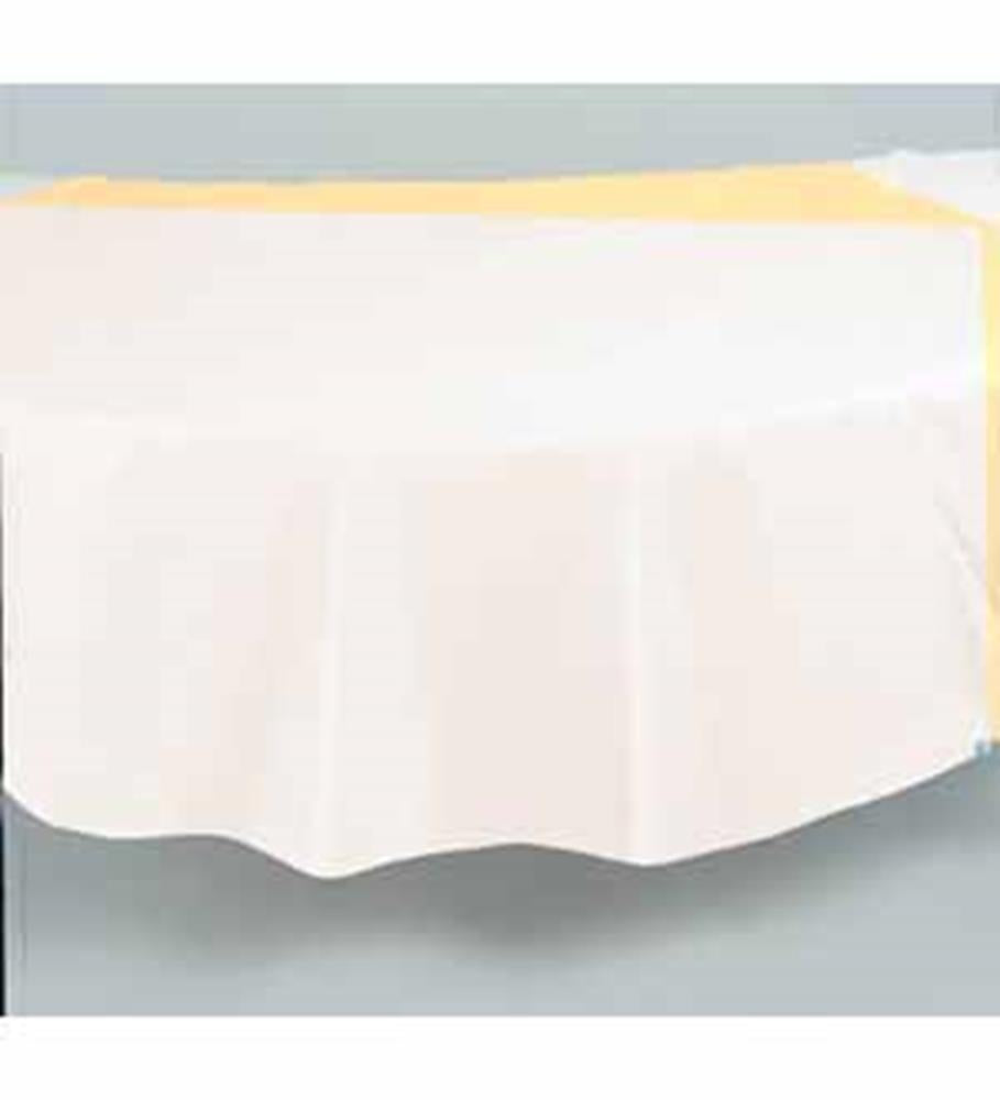 Ivory round tablecloth with smooth, flowing fabric and 84-inch diameter.