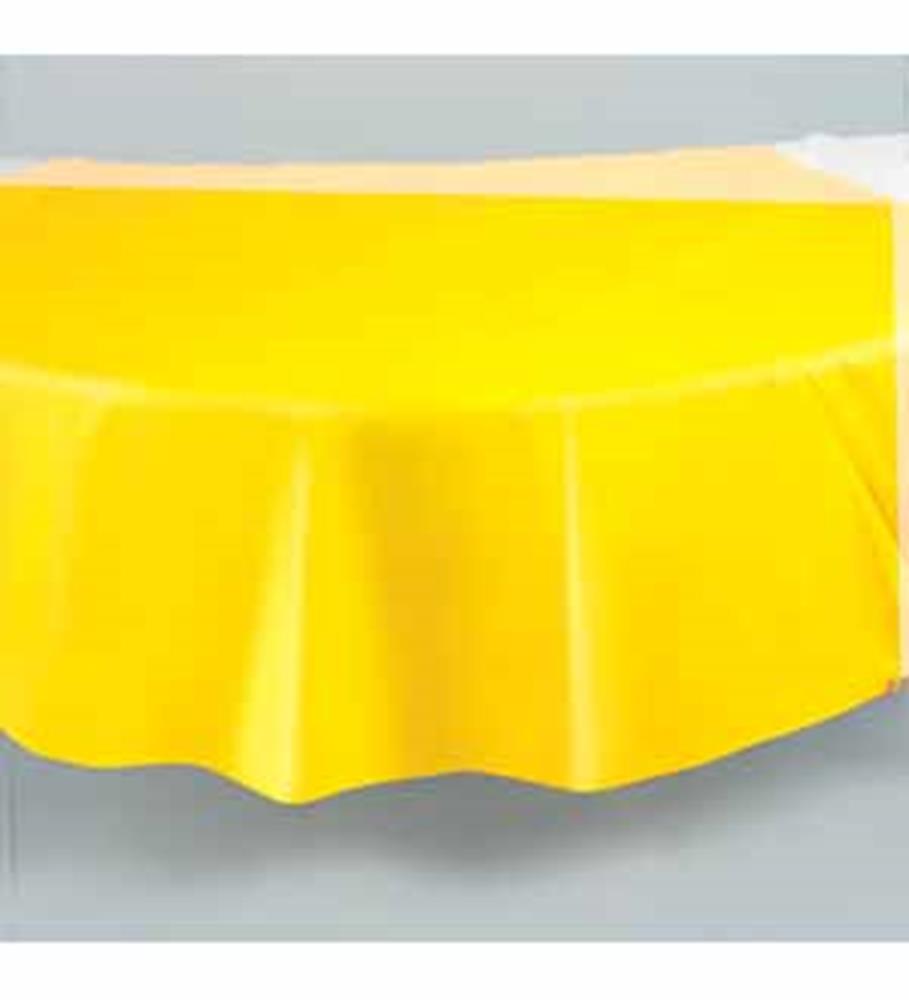 Bright sunflower yellow round tablecover with smooth fabric and 84-inch diameter.
