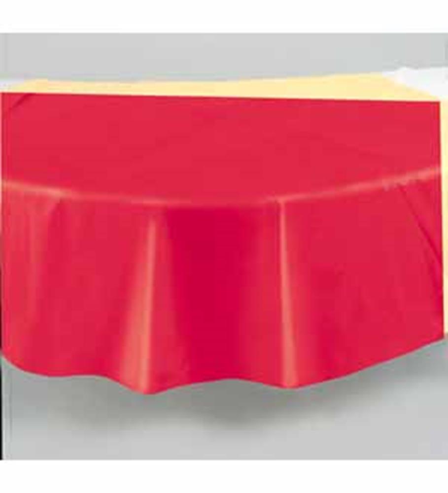 Ruby red round polyester tablecover with smooth, wrinkle-resistant finish and 84-inch diameter.