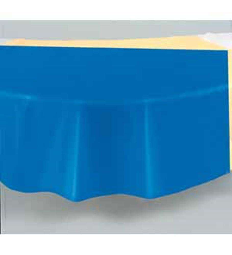 Round royal blue tablecover with 84-inch diameter, smooth fabric drape.