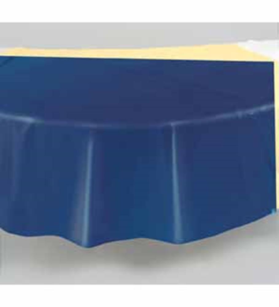 Round navy blue tablecover with smooth fabric and scalloped edges, 84-inch diameter.