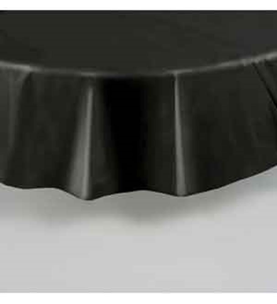Round 84-inch black tablecover with smooth fabric and slight sheen.