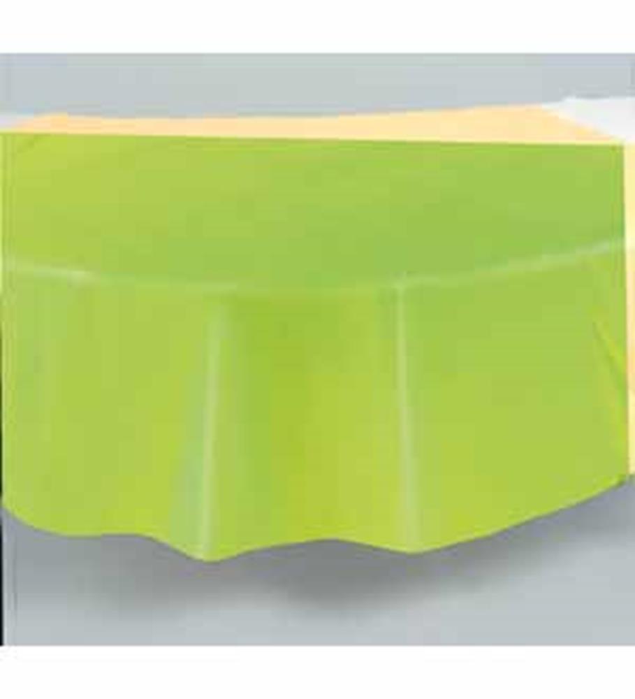 Lime green solid color round plastic table cover draped over 84-inch table.