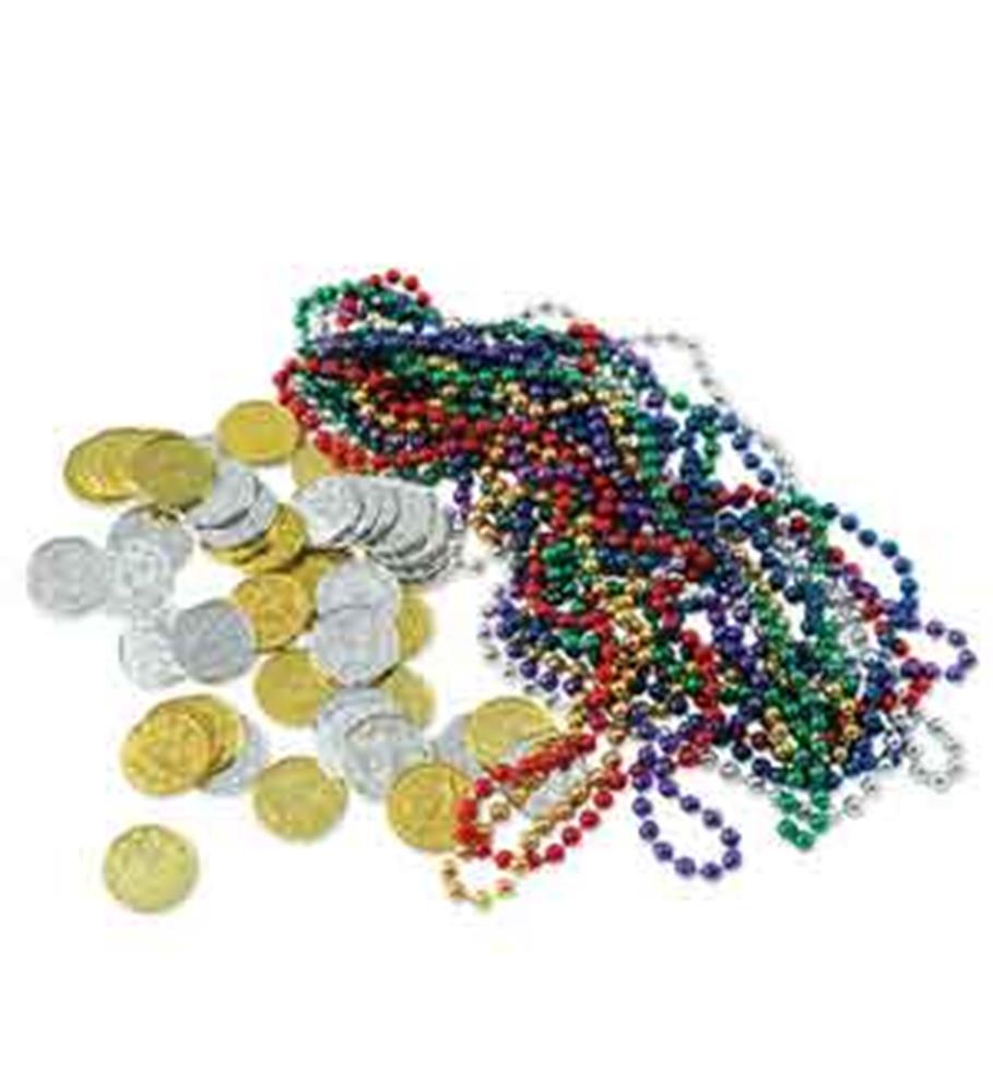 Multicolored plastic bead necklaces and assorted gold and silver foil-wrapped coins scattered on white surface.