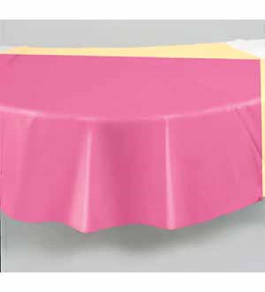 Hot pink round plastic table cover with smooth, solid color finish, 84-inch diameter.