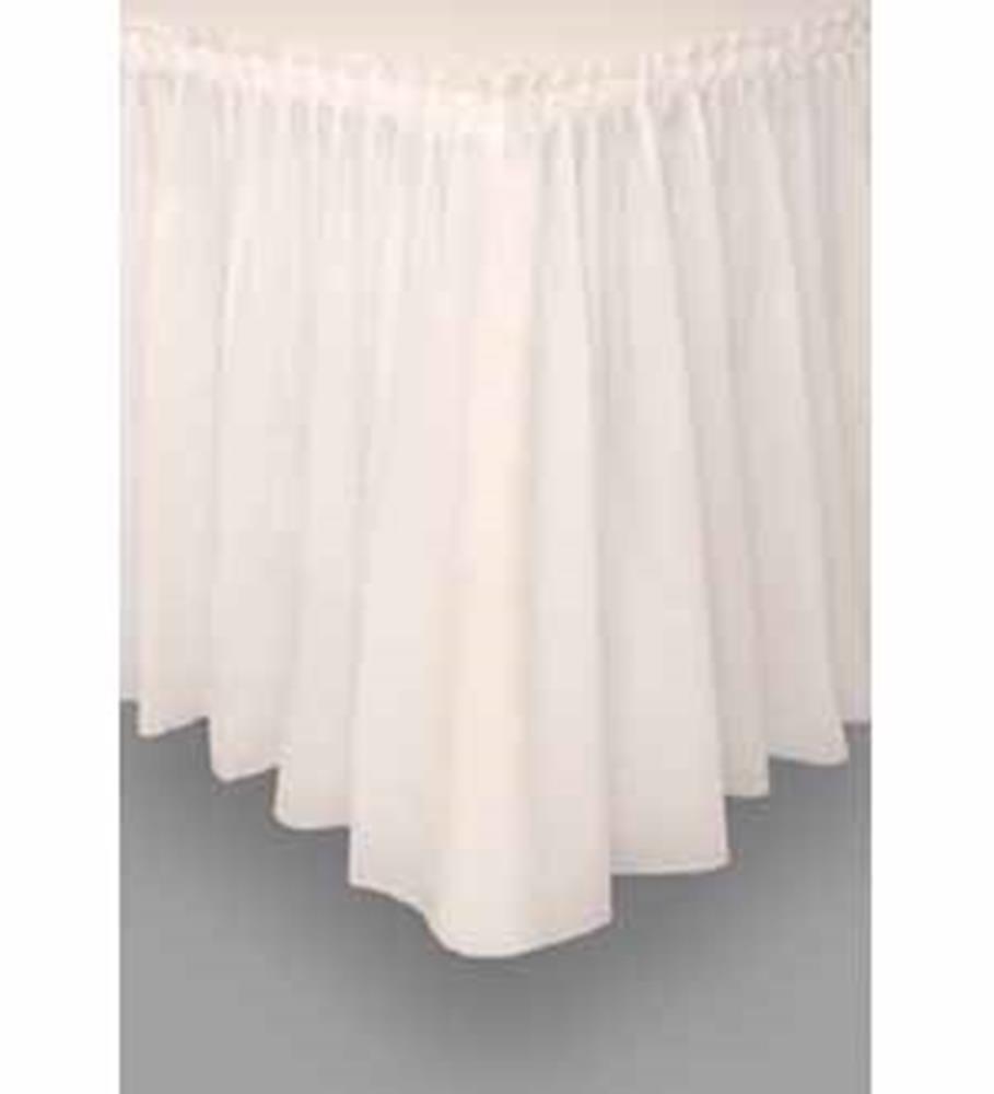 Ivory pleated fabric tableskirt draping around table edge with soft texture and subtle sheen.