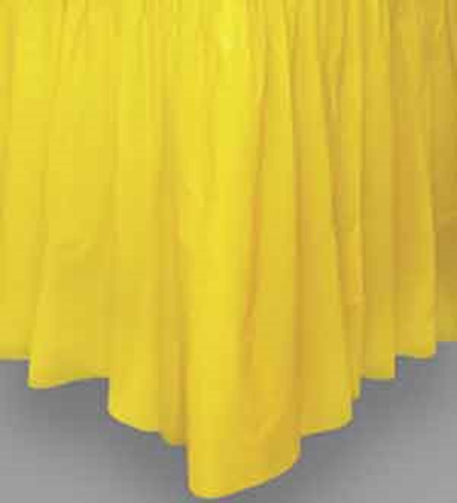 Sunflower yellow fabric tableskirt with gathered, pleated texture and straight hem.