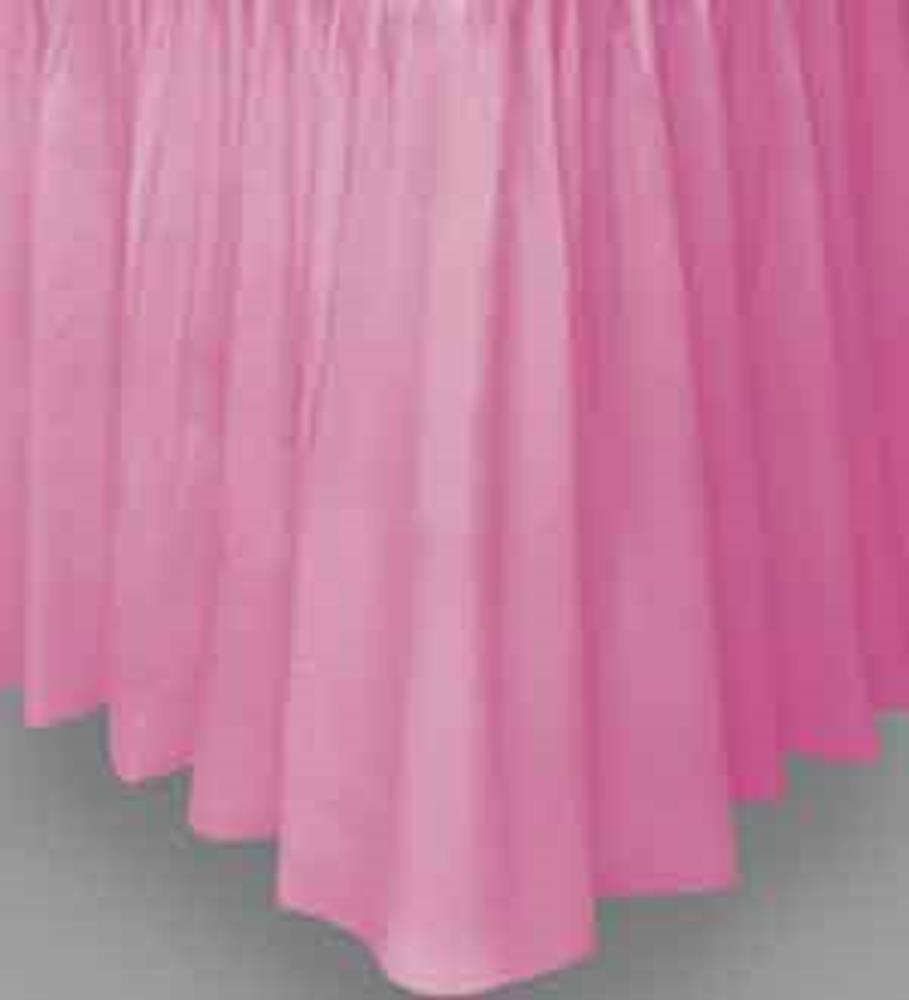 Hot pink pleated plastic tableskirt hanging straight down.