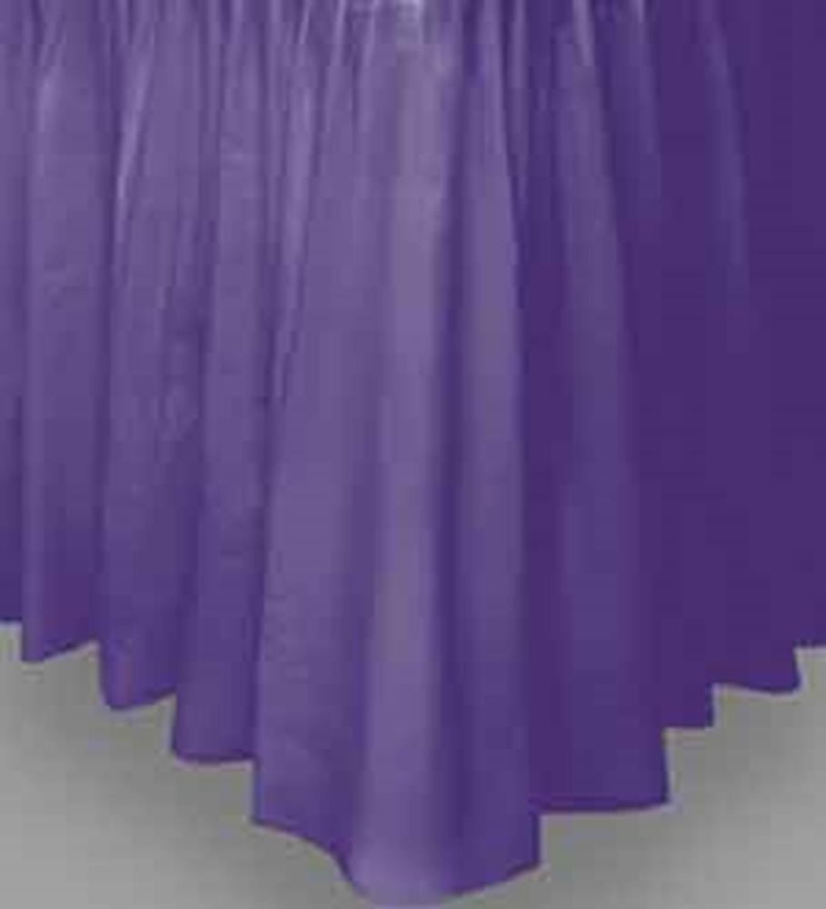 Purple solid plastic table skirt with pleated design and 29-inch drop length.