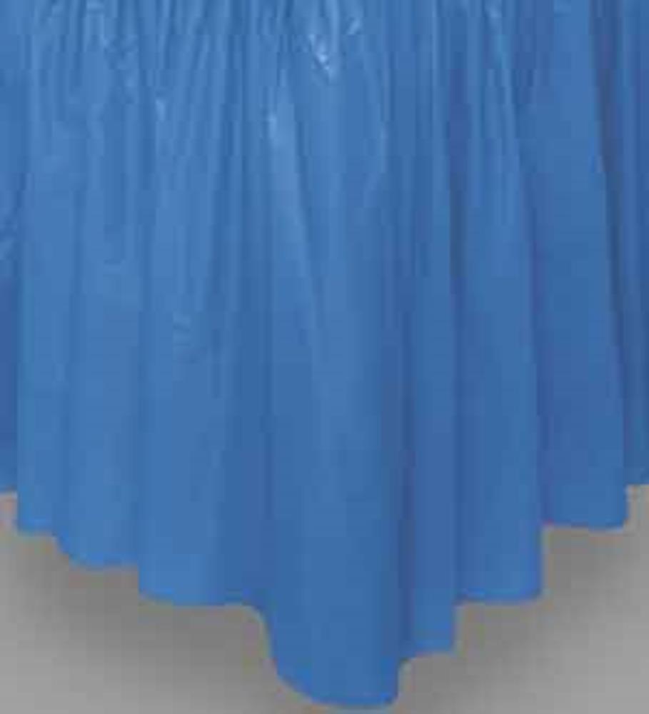 Royal blue plastic table skirt with smooth, slightly gathered texture and straight hem.