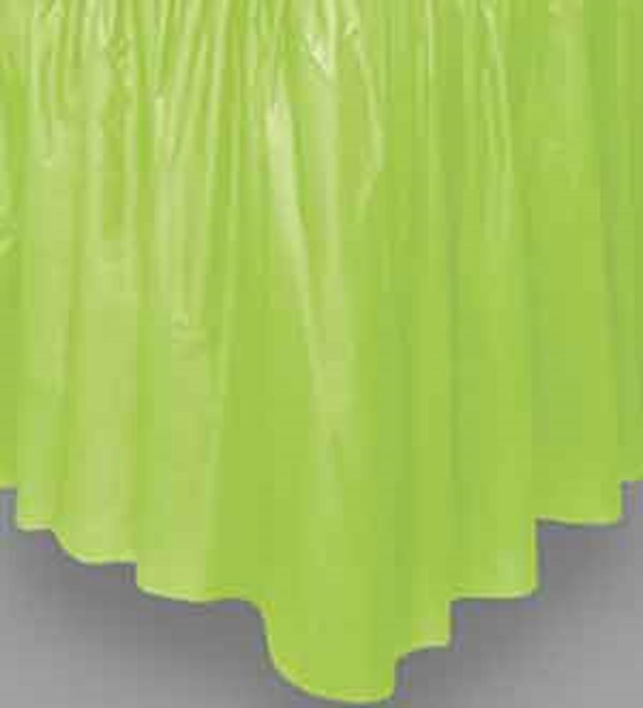Lime green solid plastic table skirt with gathered pleats and glossy finish.
