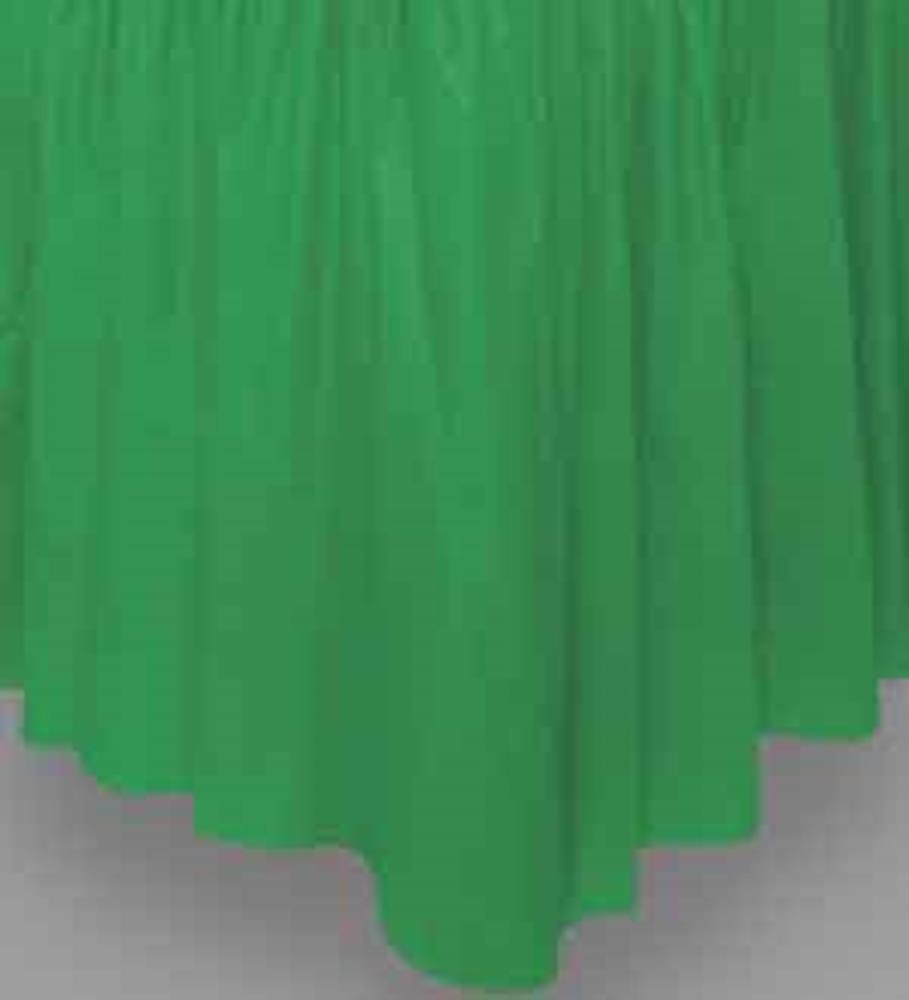 Emerald green fabric tableskirt with gathered pleats, designed to cover table edges.
