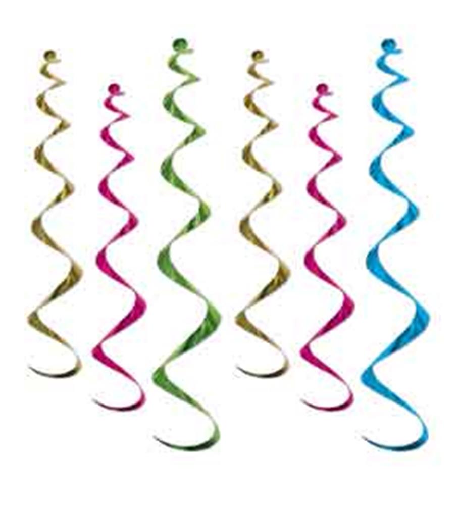 Six colorful spiral hanging decorations in pink, green, and blue metallic finish.
