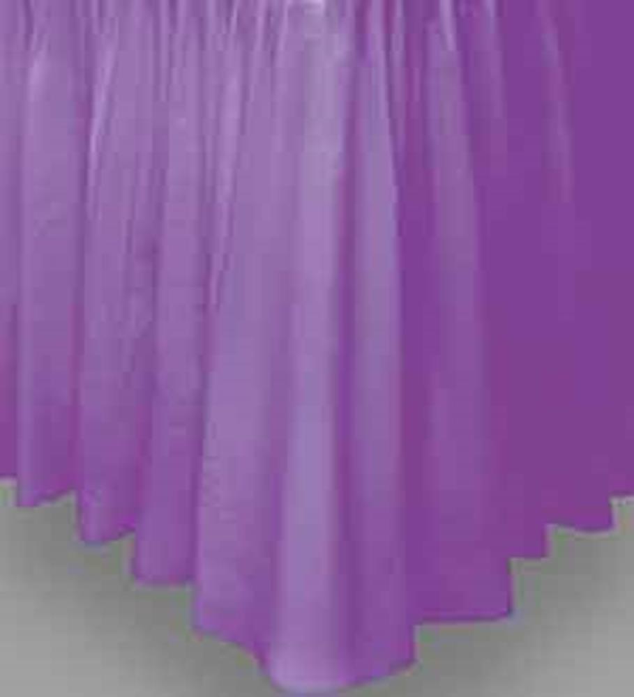 Purple pleated tableskirt with smooth fabric and a 29in drop length.