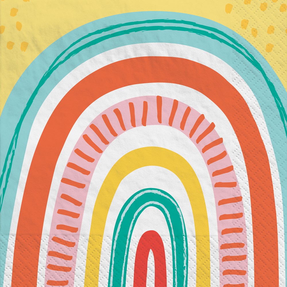 Colorful retro rainbow with teal, orange, red, and yellow arches on a white beverage napkin.