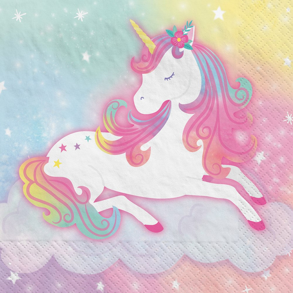 Colorful beverage napkin with a white unicorn featuring a pastel rainbow mane and tail, a golden horn, and star accents on a