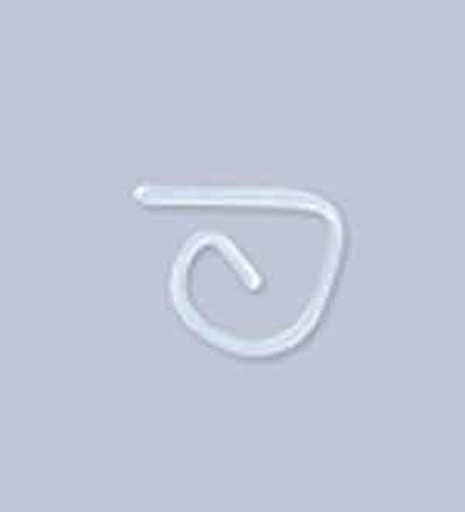 Clear flexible plastic tablecover clip with a curled hook design for securing tablecloths.