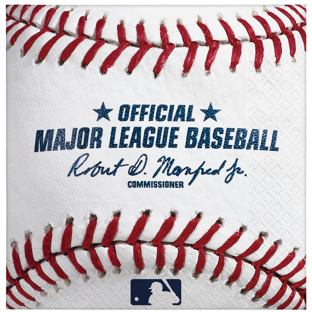 White beverage napkin with red baseball stitching detail and blue MLB official text and logo design.