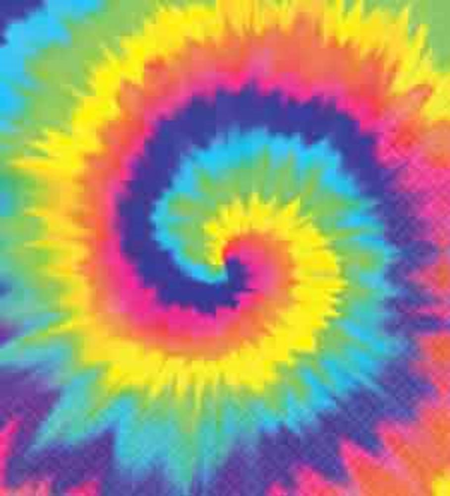 Colorful tie-dye spiral napkin with vibrant blue, yellow, pink, and purple hues, square shape.