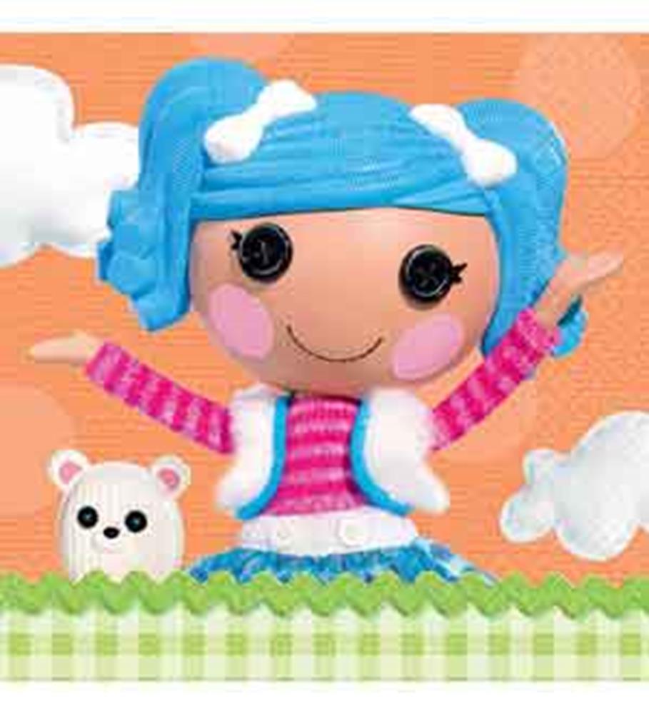 Colorful napkin featuring a smiling Lalaloopsy doll with blue yarn hair, pink striped shirt, and white vest against an.