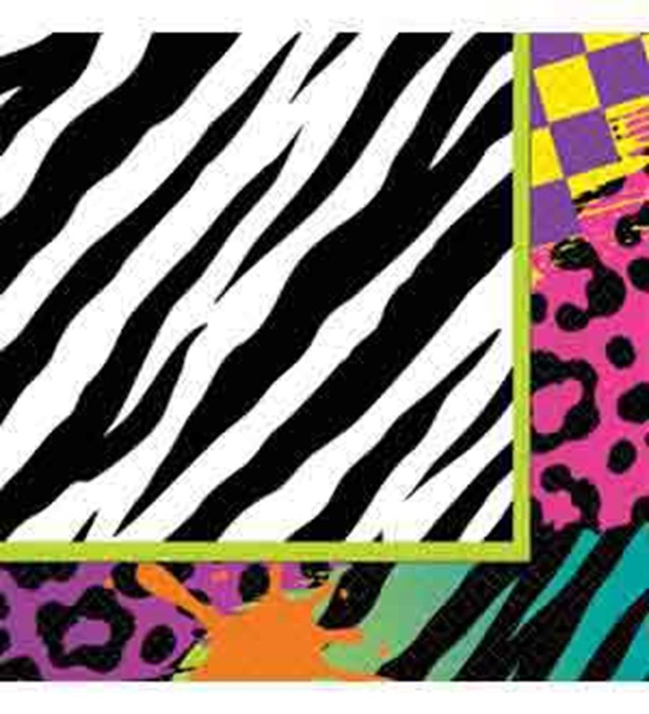 Square paper napkins with black and white zebra and colorful animal print patterns, accented with orange, purple, and teal.