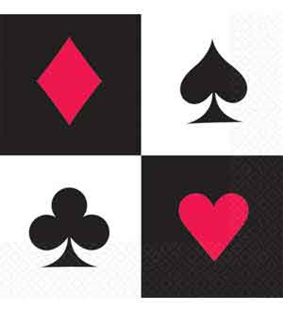 Set of four square napkins with red diamond and heart symbols and black spade and club symbols on alternating black and.