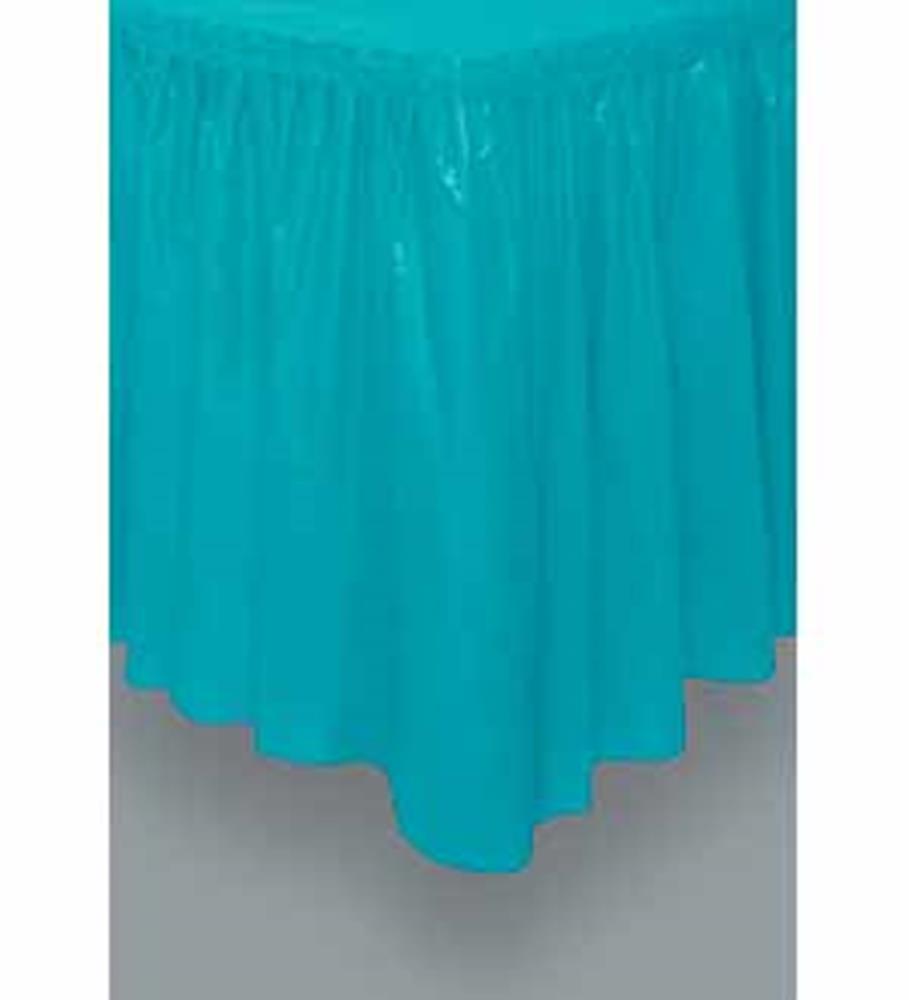 Caribbean teal plastic tableskirt with gathered, pleated design measuring 29 by 14 inches.