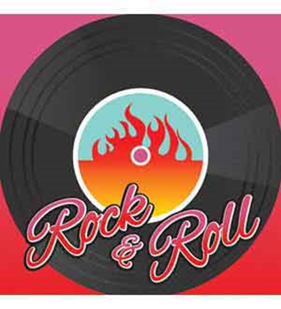 Square paper napkin with black vinyl record design and red "Rock & Roll" text.