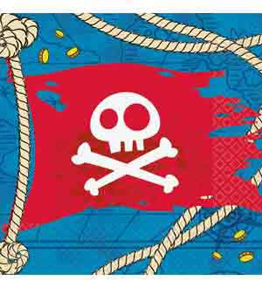 Blue napkin with nautical rope and gold coin designs, featuring a red pirate flag with white skull and crossed bones.