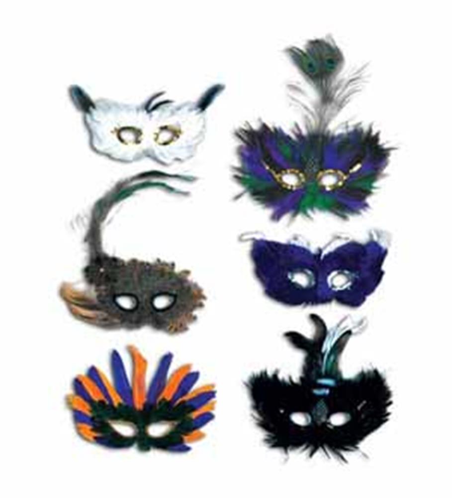 Set of six feathered masquerade masks in various colors including white, green, purple, orange, and black with decorative.