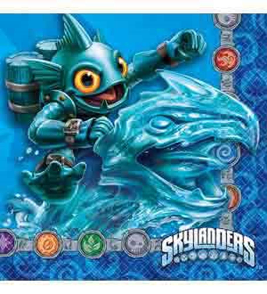 Blue and green Skylanders Evergreen character on a patterned blue napkin with colorful game icons and Skylanders logo.
