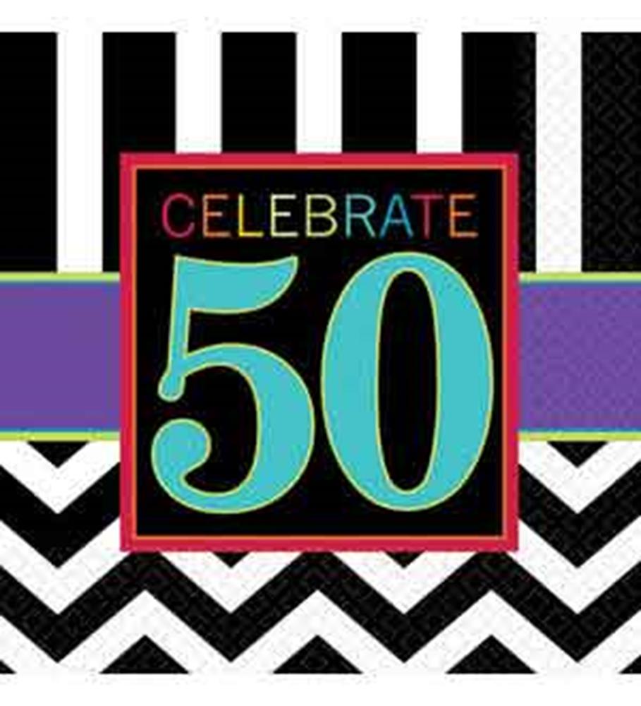 Napkin with large turquoise '50' and multicolored 'Celebrate' text on black, purple, and black-and-white striped background.