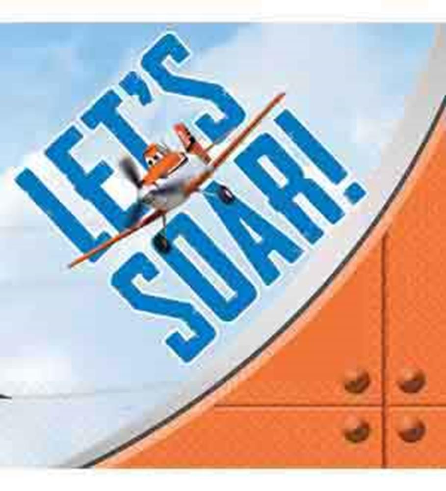 White napkin with blue bold text "LET'S SOAR!" and an orange cartoon airplane design.