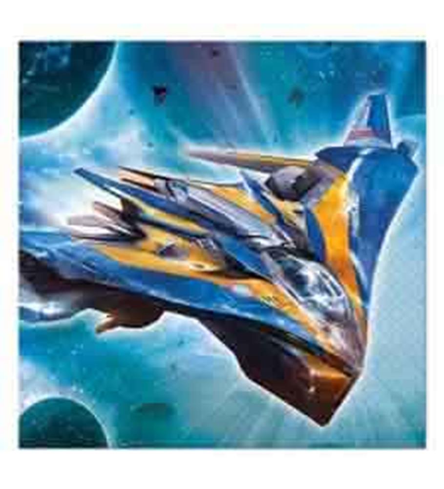 Square paper napkin with a blue and gray spaceship design from Guardians of the Galaxy against a cosmic background.