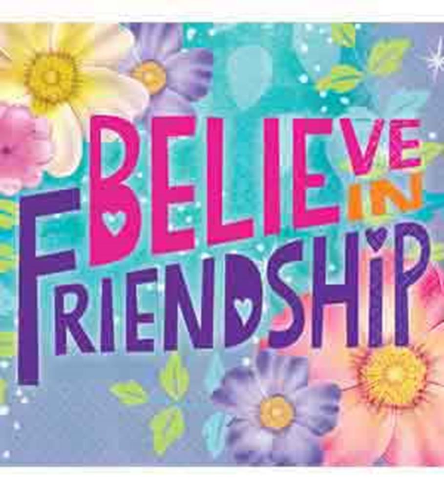 Square napkin with colorful flowers and balloons on a pastel background, featuring "Believe in Friendship" text in bright.