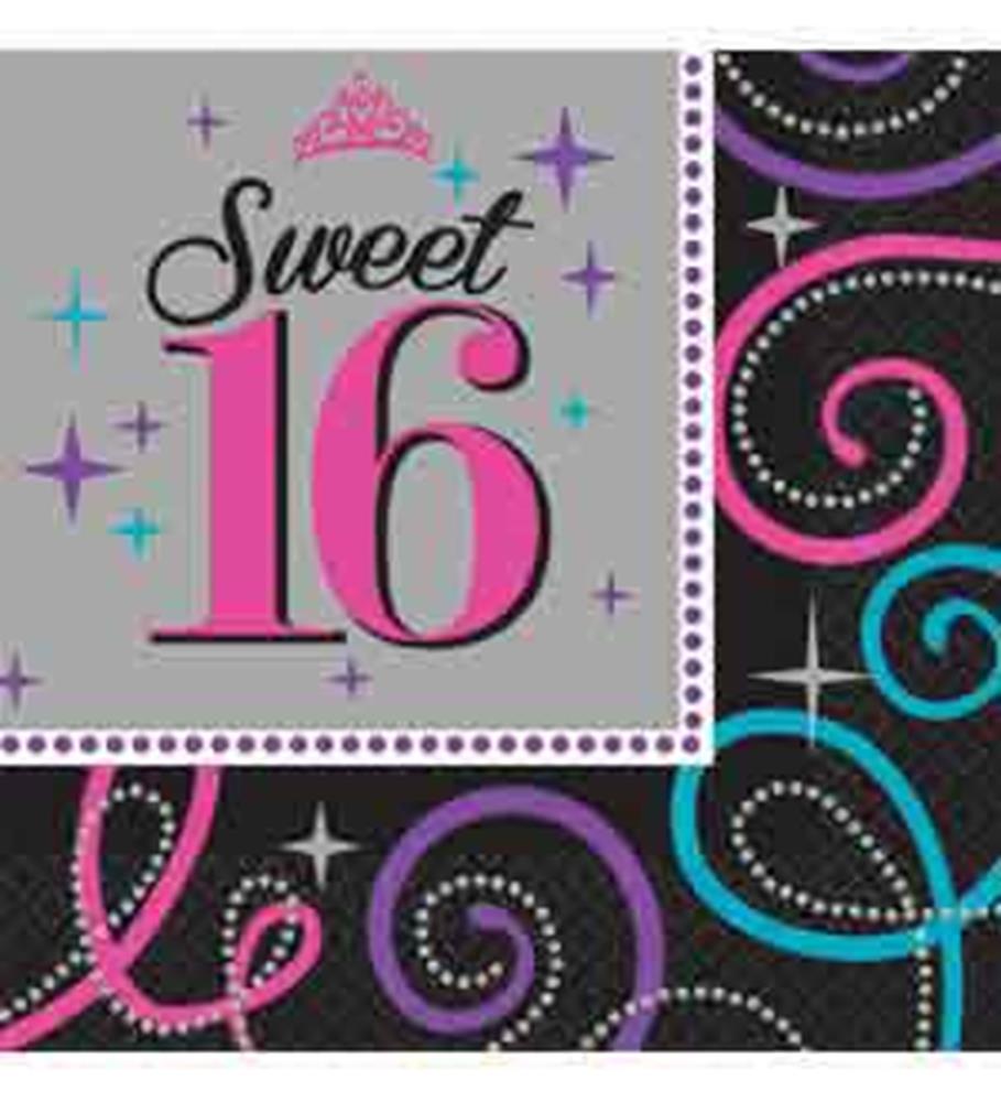 Square paper napkins with "Sweet 16" in pink and black script on a silver background, accented with pink, purple, and blue.