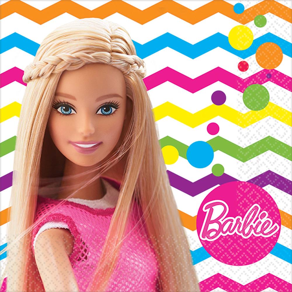 Pink Barbie napkin with blonde doll illustration and colorful chevron background.