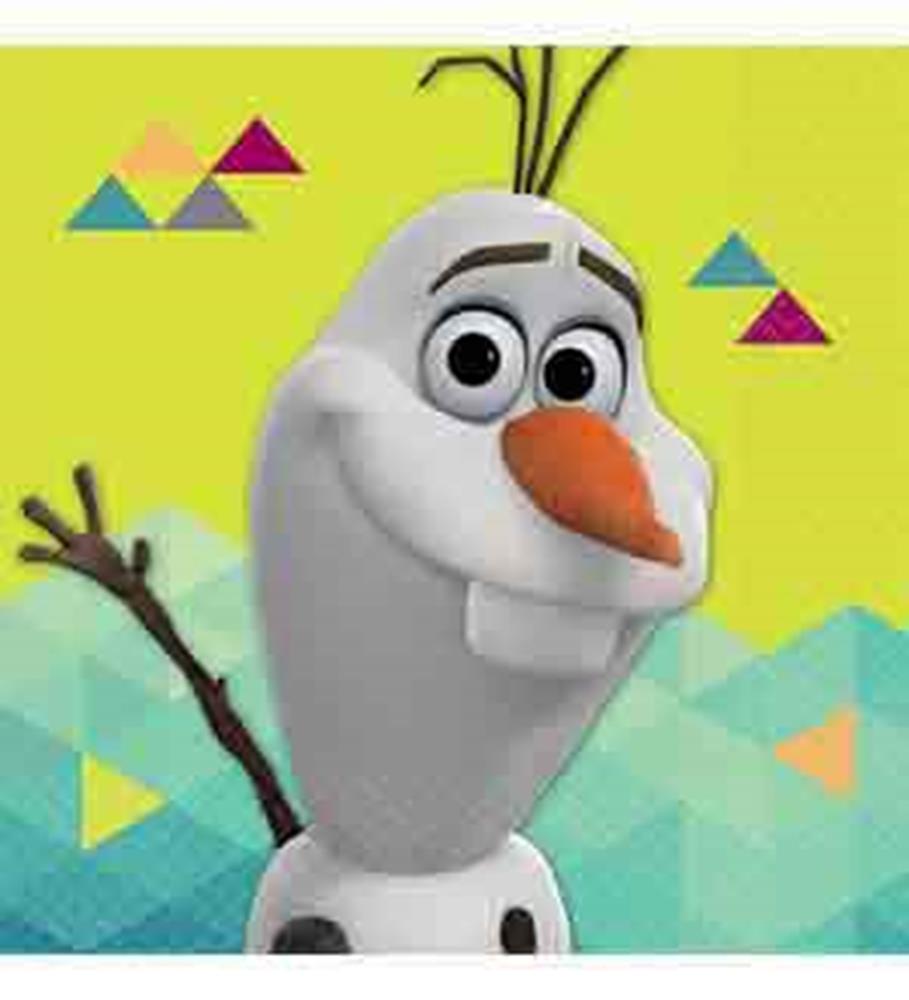 Small white paper napkins featuring Olaf the snowman with a smiling face and carrot nose against a colorful geometric.