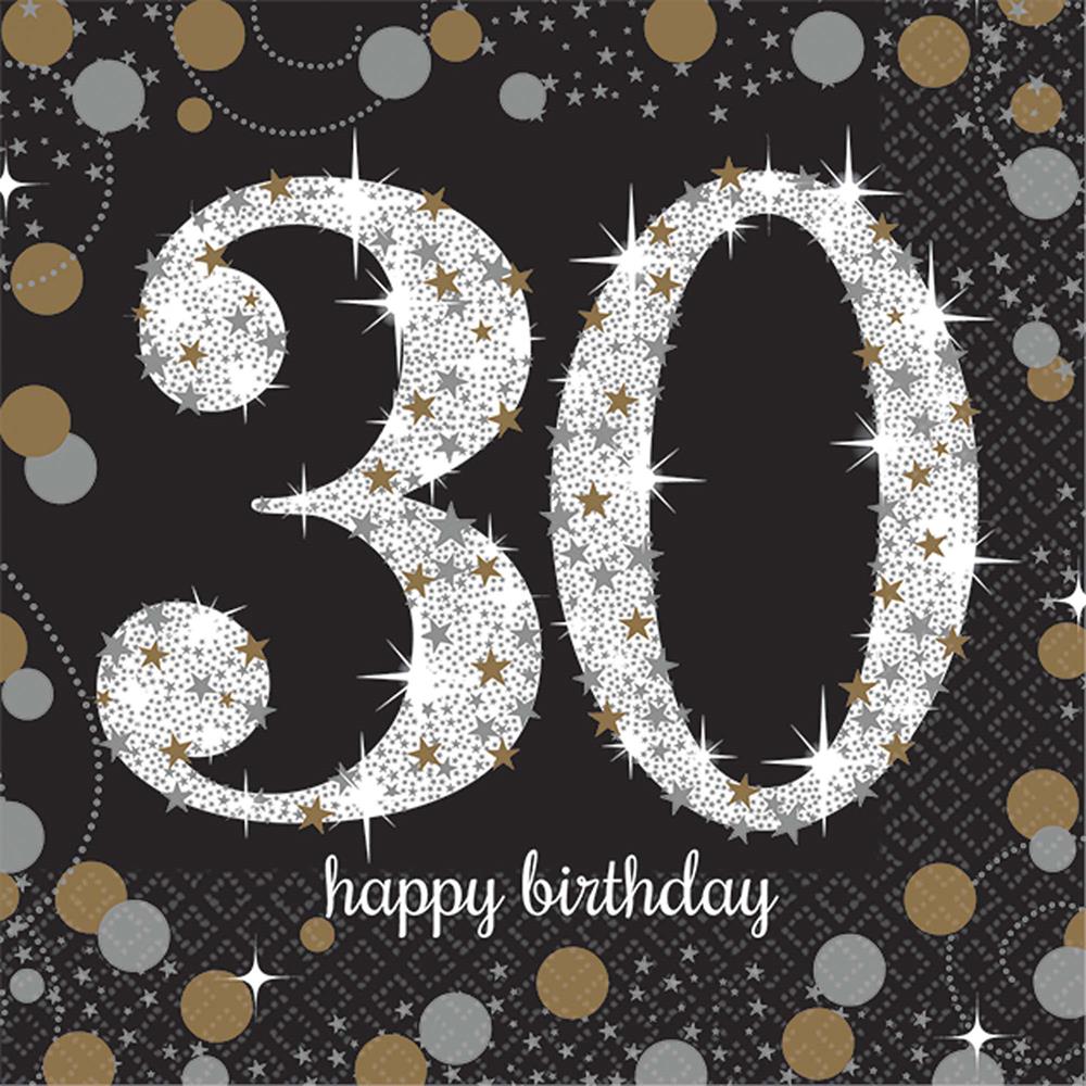 Black napkin with large sparkling silver and gold "30" and "happy birthday" text surrounded by gold and silver confetti dots.