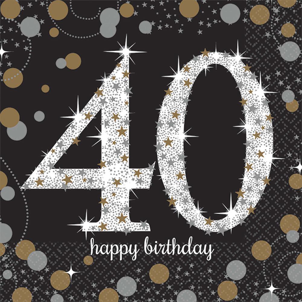 Black napkin with sparkling silver and gold "40" and "happy birthday" text, confetti design.