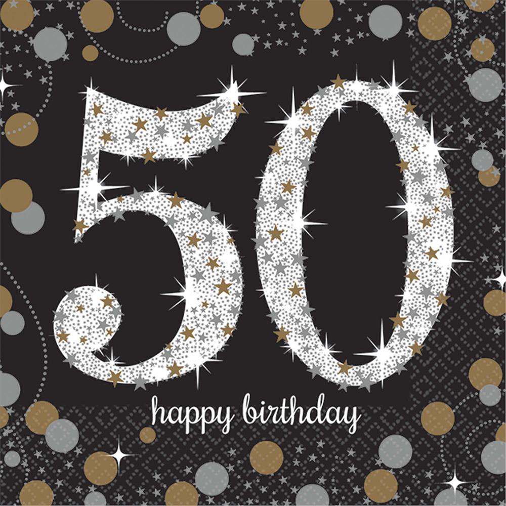 Black beverage napkin with large sparkling silver "50" and gold and silver confetti dots, "happy birthday" text at bottom.