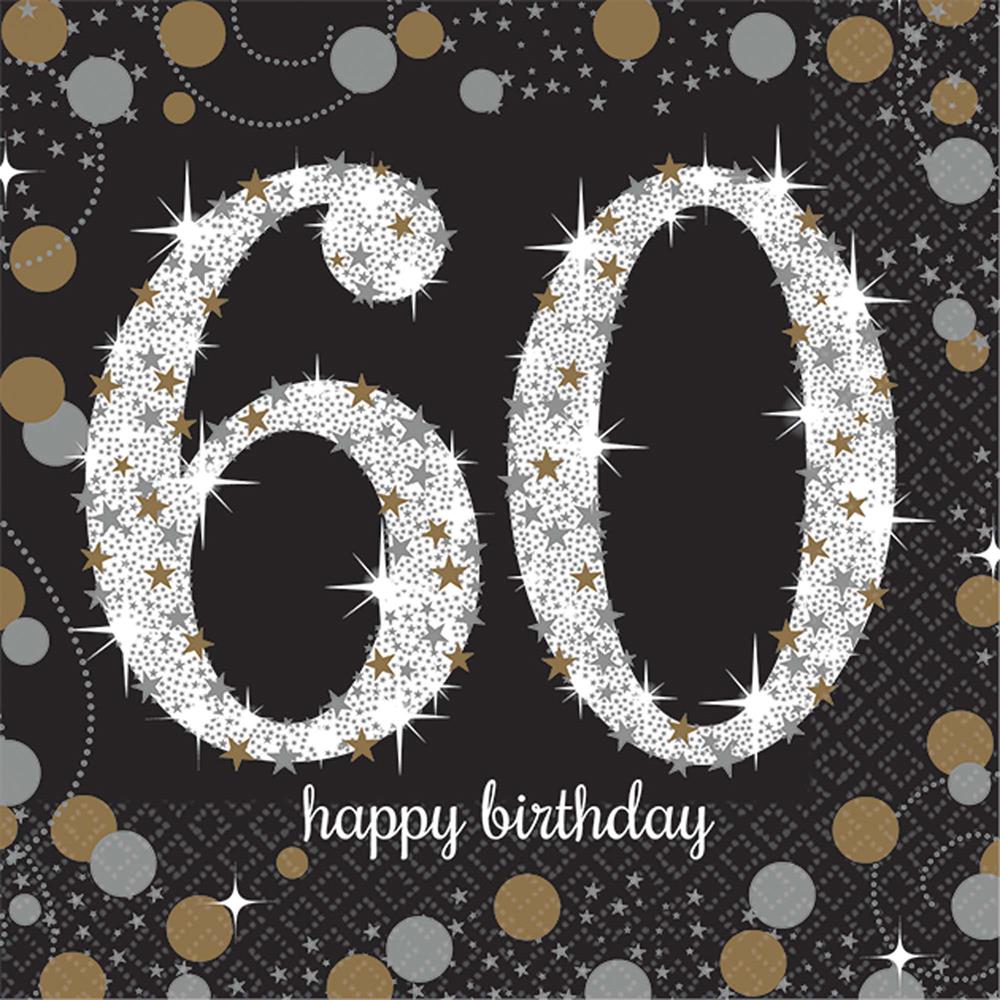 Black beverage napkin with large sparkling white "60" and gold and silver confetti, "happy birthday" text below.