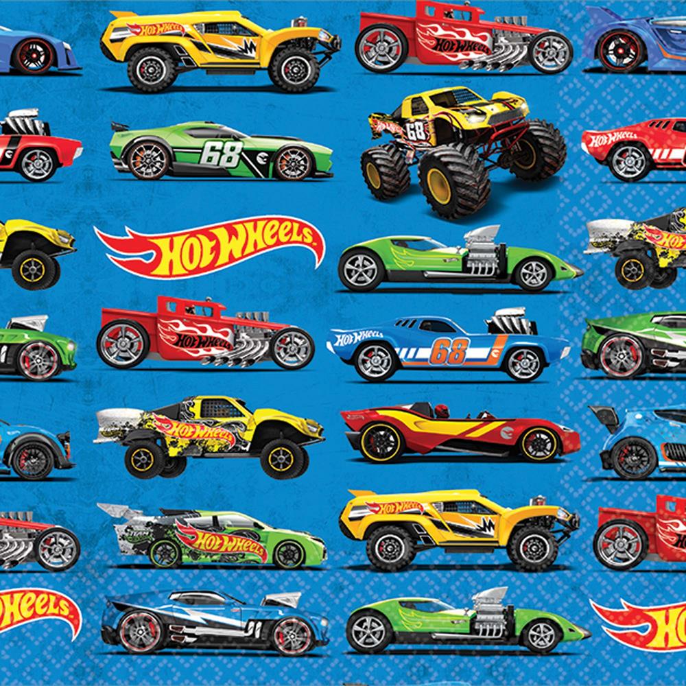 Blue beverage napkins printed with colorful Hot Wheels cars and logos in various racing styles and designs.