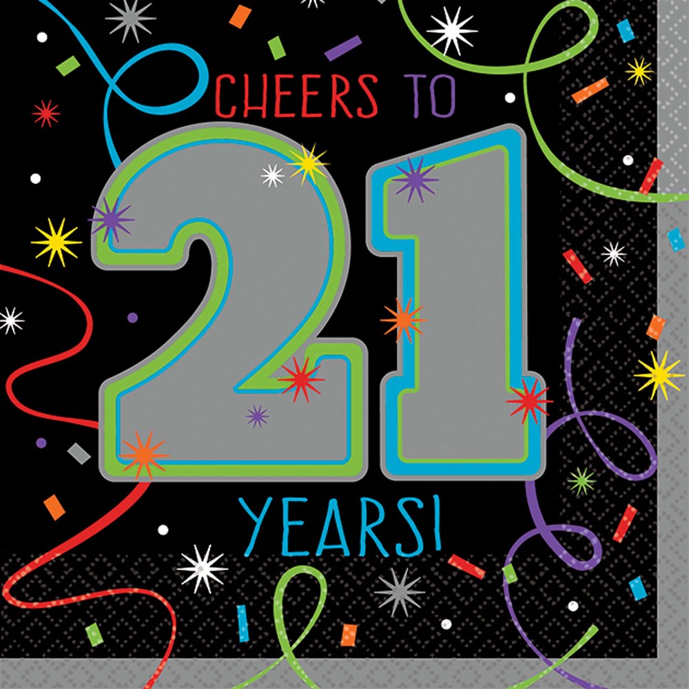 Black napkin with colorful confetti and streamers, featuring large silver "21" text outlined in green and blue, with "Cheers .