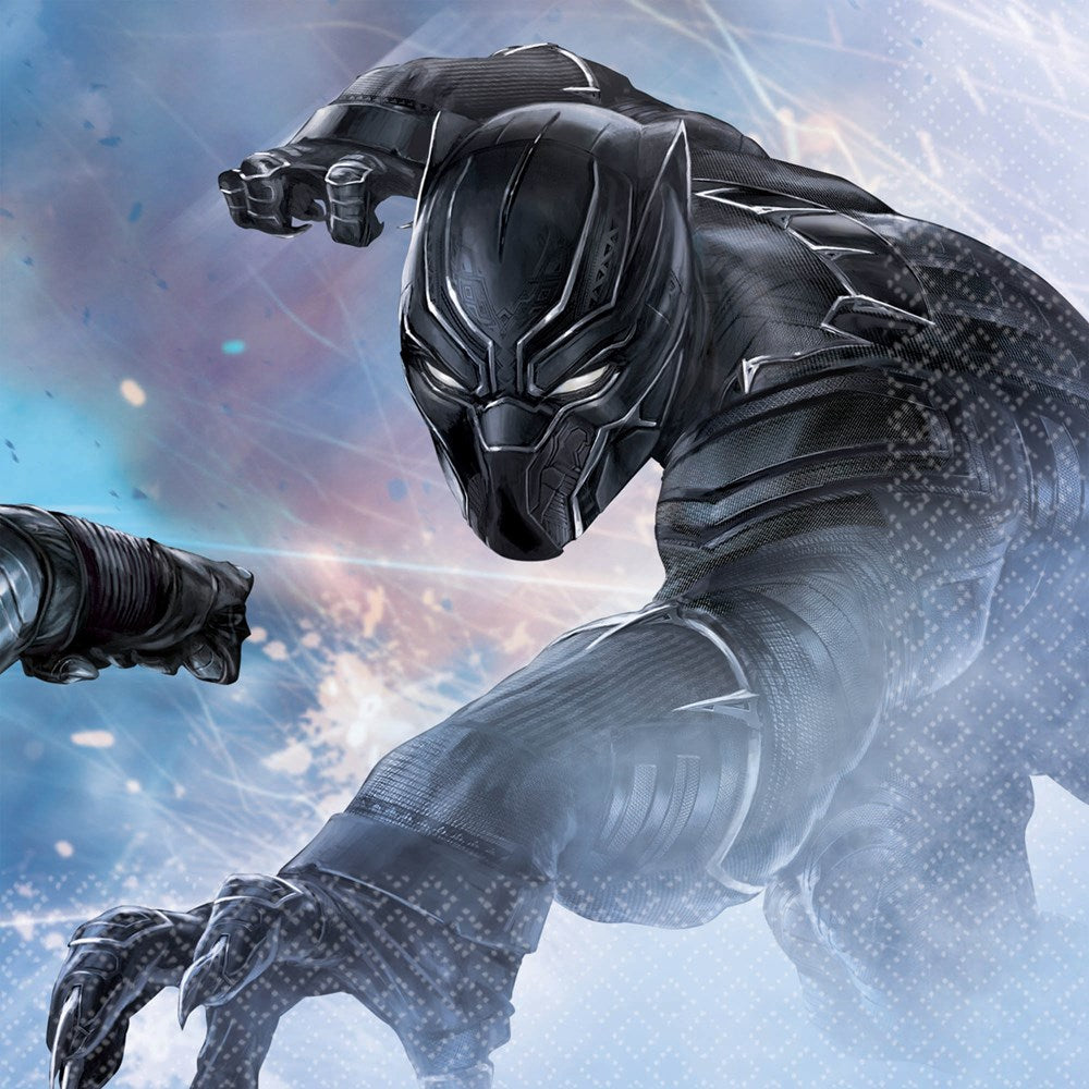 Captain America 3 napkins with Black Panther in black suit and action pose on a blue and gray background, 16 count pack.
