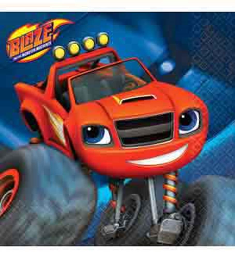 Blue napkin featuring a smiling red monster truck with large wheels and lights on top.