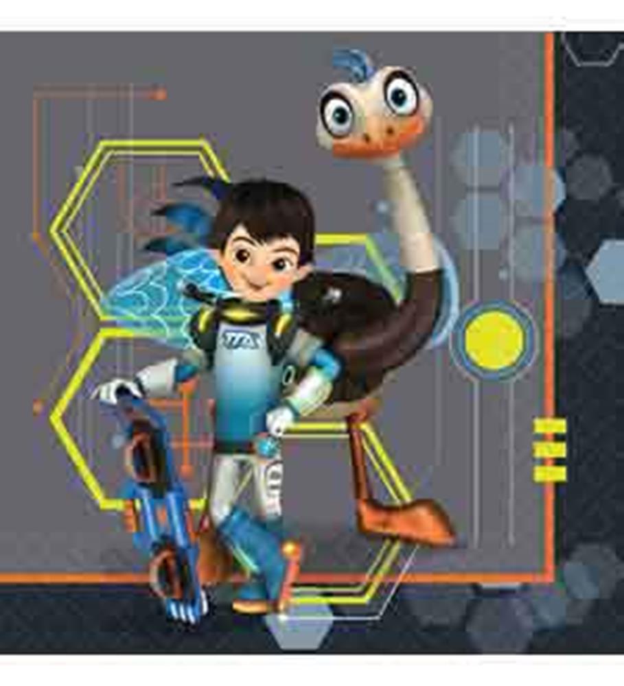 Small square paper napkin with Miles from Tomorrowland character in blue space suit holding a robot bird, dark geometric.