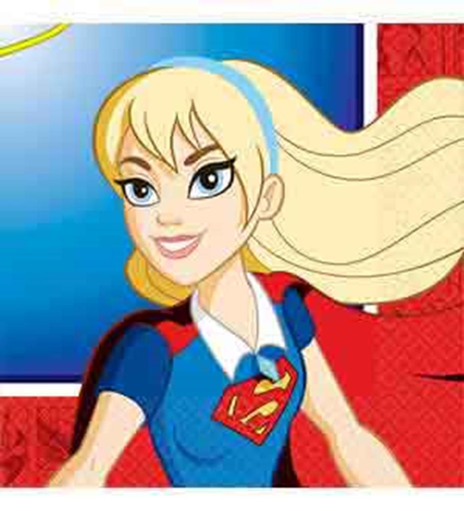 Square paper napkin featuring blonde DC Super Hero Girls character in blue and red superhero outfit with red cape and.