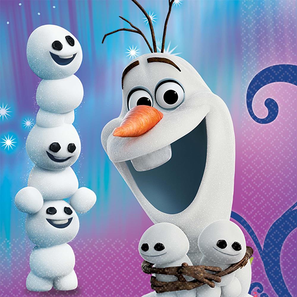 White paper napkin featuring Olaf from Disney Frozen with three stacked snowmen faces on the left side.