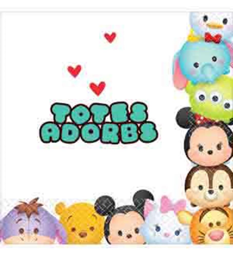 Disney Tsum Tsum napkin with colorful stacked cartoon characters and teal "Totes Adorbs" text with red hearts on white.